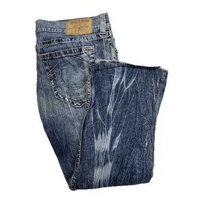 True Religion Straight Leg Jeans Size 40X28 Heavily Distressed Wash Hemmed